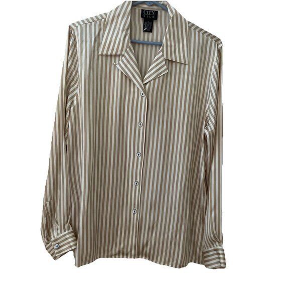Vintage Pure Silk Button Down Shirt Women’s Large Beige Stripe Quiet Luxury - Picture 1 of 9